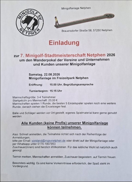 Plakat Minigolf Stadtmeisterschaft Netphen 2026